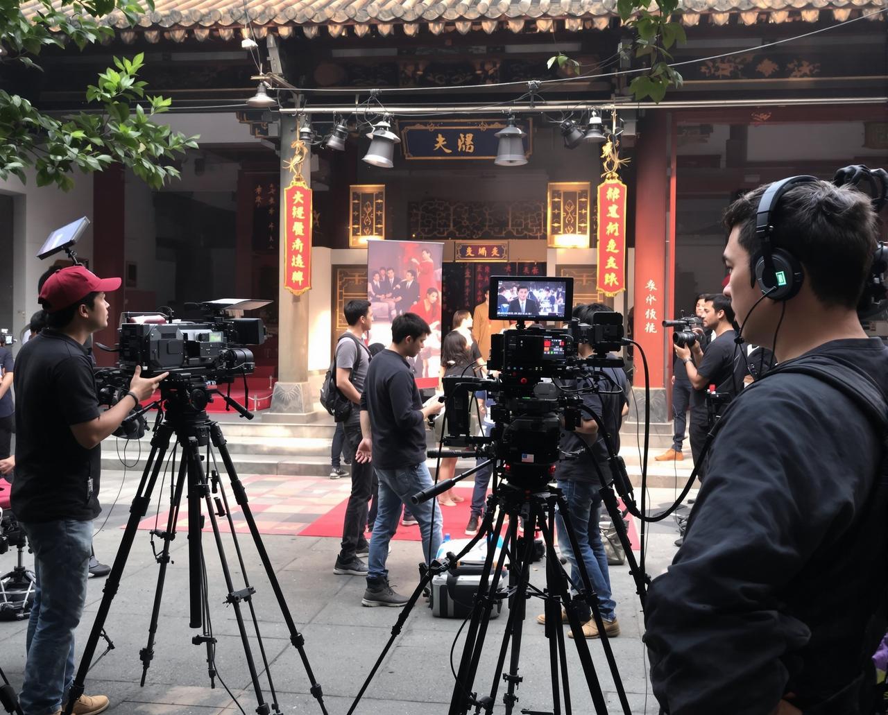 芒果影视外景拍摄团队正在进行影视剧现场拍摄工作